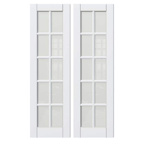 48 in. x 80 in. (Double 24 in. W Doors) 10-Lite, White Primed No Bore Frosted Glass Finished MDF Wood Interior Door Slab