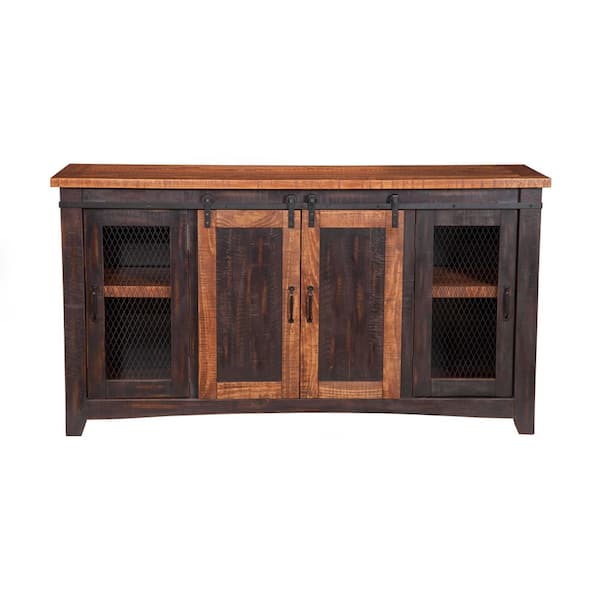 Santa Fe Antique Black and Age Distressed Pine Metal TV Stand Fits TVs Up to 70 in. with Cable Management
