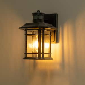 Rowland 1-Light Matte Black Outdoor Wall Lantern Sconce with Clear Glass Shade Dusk to Dawn Sensor