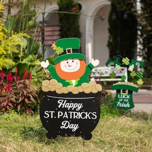 24 in. H Lighted St. Patrick's Wooden Leprechaun Pot of Gold Yard Stake/Wall Decor/Porch Decor