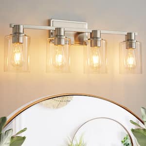 Farmhouse 27.36 in. 4-Light Nickel Modern Industrial Indoor Vanity Light with Clear Glass Shades, Bulbs Not Included