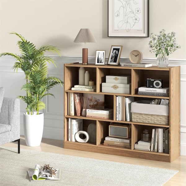 36.5 in. Tall Natural Wood 3-Shelf Storage Cube Bookcase 8 Cube Open Shelf with Anti-Toppling Devices Multipurpose