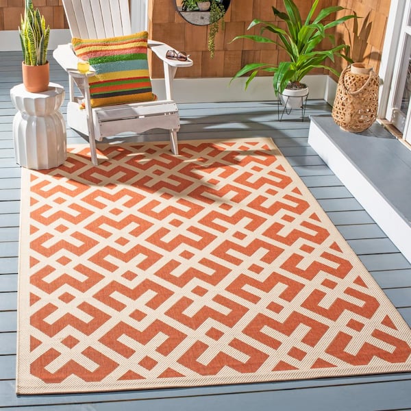 Courtyard Terracotta/Bone 9 ft. x 12 ft. Geometric Indoor/Outdoor Patio  Area Rug