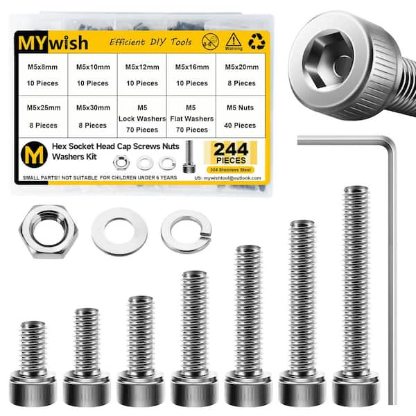 244-Piece M5 Hex Socket Head Cap Screw and Nuts Kit, 304-Stainless Steel, with Washers