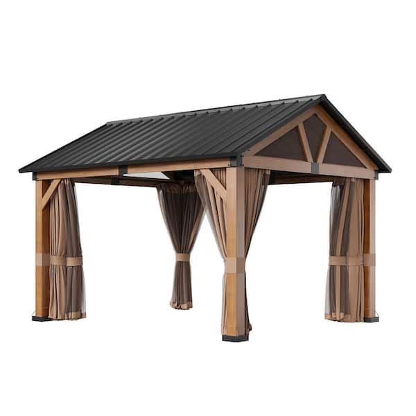 11 ft. x 13 ft. Wood Grain Galvanized Steel Roof Gazebo with Mosquito Netting, Curtains and Ceiling Hook