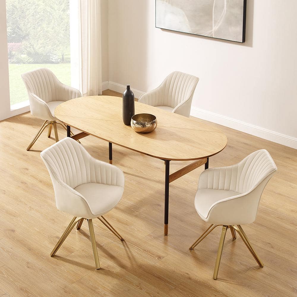 Off-White Contemporary Swivel Accent Chair with Gold Metal Legs