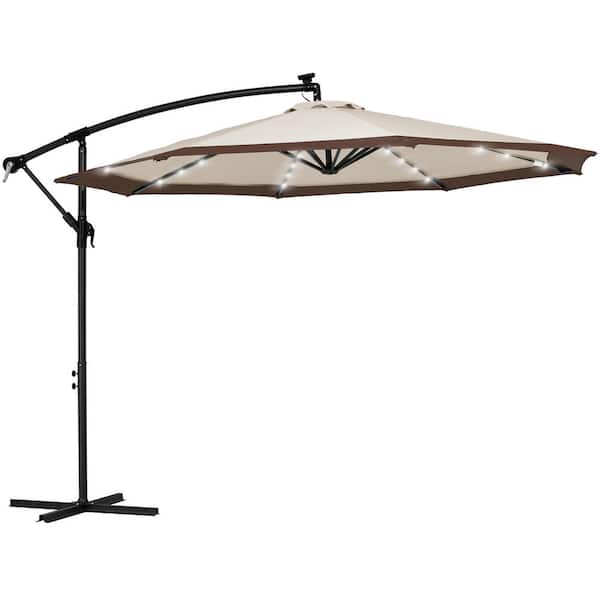 JEAREY 10 ft. Steel Solar Lighted Cantilever Patio Umbrellas with Sandbag Weighted Base in Beige and Brown Splicing