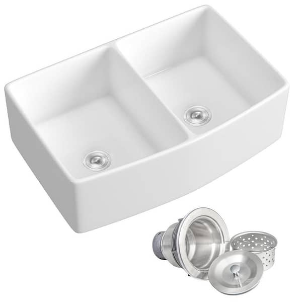 White Fireclay 33 in. Double Bowl Apron-Front Kitchen Sink with Basket Strainer