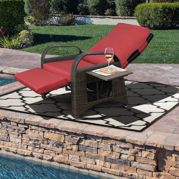 AUTMOON Outdoor PE Wicker Adjustable Reclining Lounge Chair with Red Cushion