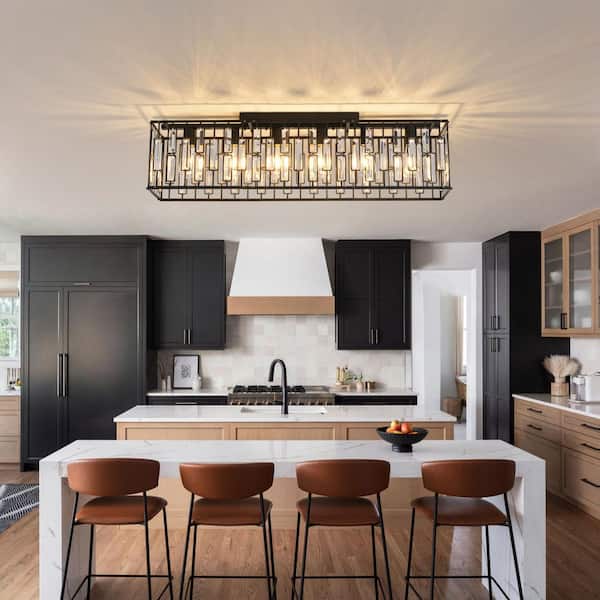 Genoci 38.7 in. 6-Light Black Modern Crystal Rectangle Flush Mount