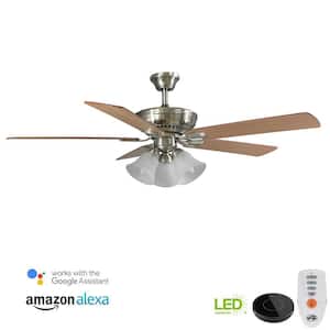Campbell 52 in. Indoor LED Brushed Nickel Ceiling Fan with Light and Remote Works with Google Assistant and Alexa