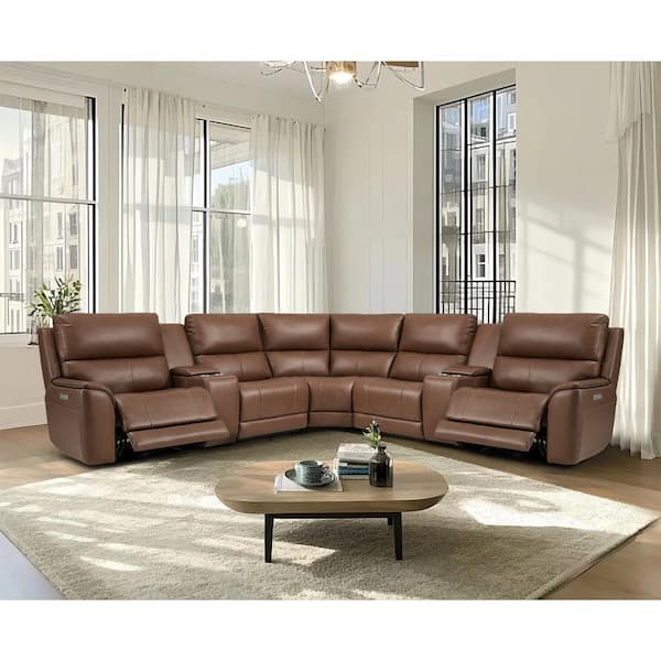 136 in. Double Width Genuine Leather Power Reclining Sectional Sofa with Zero Gravity, Center Console in. Light Brown