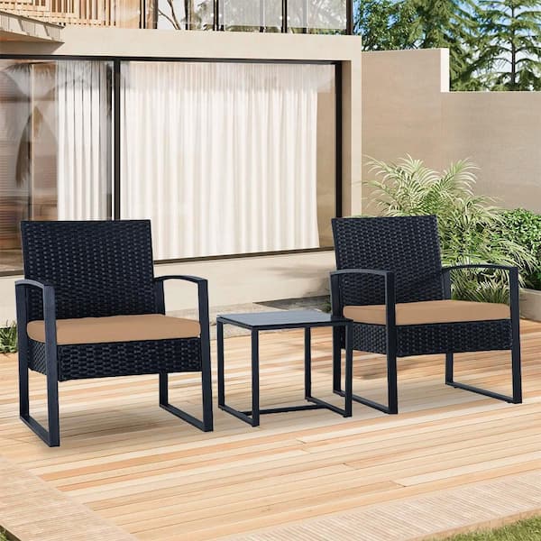 Unbranded Black 3-Piece Wicker Rattan Patio Outdoor Bistro Set with Brown Cushions, 2-Chairs and 1-Tempered Glass Table, for Lawn