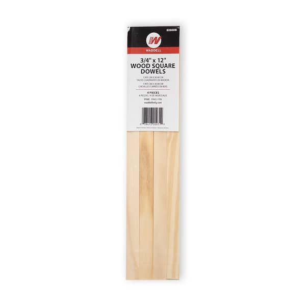 Waddell 0.75 in. x 12 in. Pine Square Dowels, Pack of 4-Sanded, Paintable, Stainable-Wooden Rod for DIY Home Projects