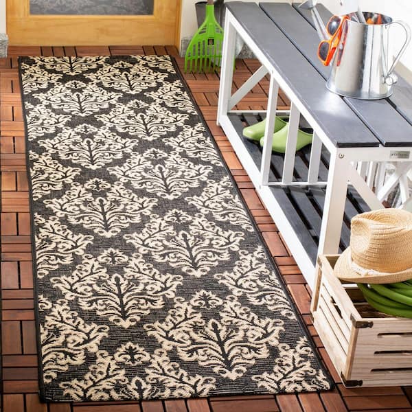 Courtyard Black/Cream 2 ft. x 8 ft. Floral Indoor/Outdoor Patio  Runner Rug