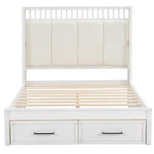 White Wood Frame Full Platform Bed with Upholstered Headboard and 2 Drawers