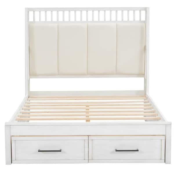 Nestfair White Wood Frame Full Platform Bed with Upholstered Headboard and 2 Drawers