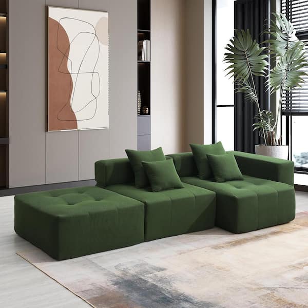 Harper & Bright Designs 105.5 in. Armless Corduroy Modular Foam-Filled Sectional Sofa in Green with 4 Pillows, No Assembly Required