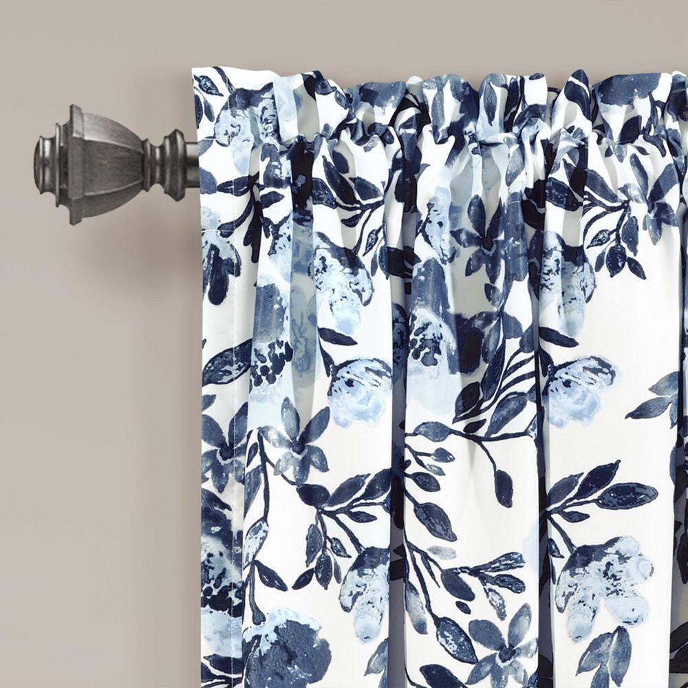 Navy and White Floral Print Blackout Curtain Panels