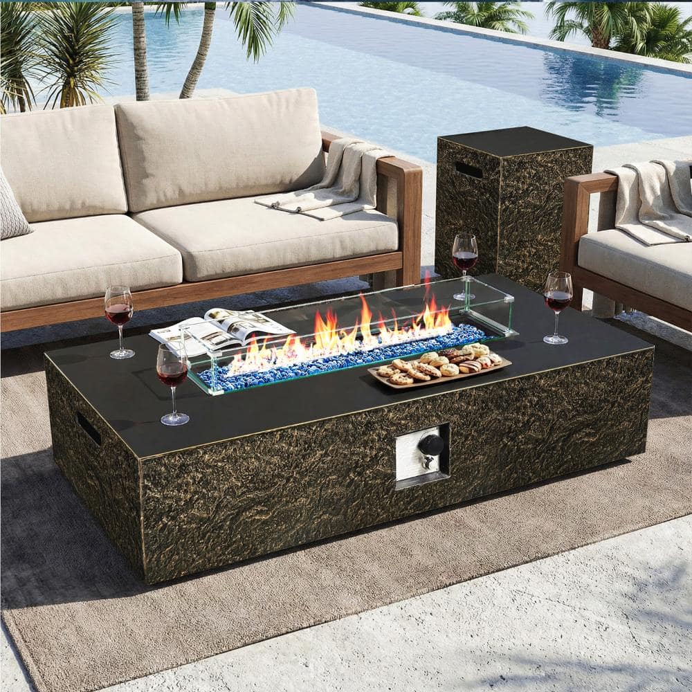 56in.Rectangle Concrete Propane Fire Pit Table with Tank Cover and Glass Wind Guard,Bronze price history on PriceWatchPro