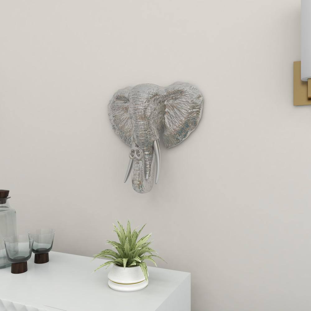 Silver Polystone Elephant Head Wall Sculpture with Tusks