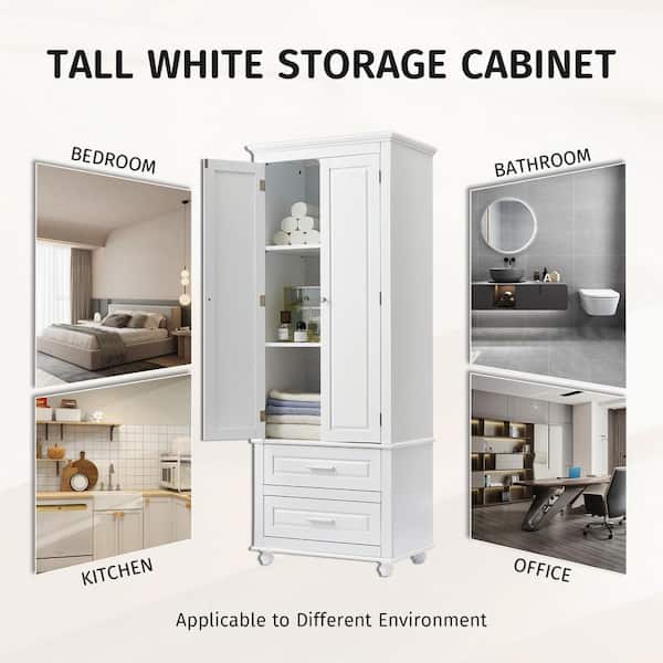 24 in. W x 15.3 in. D x 62.5 in. H White Linen Cabinet with 2