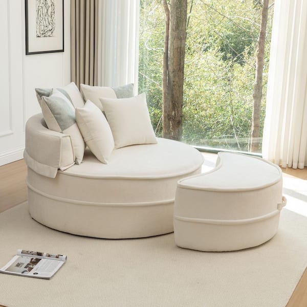 Luxury Collection Beige Chenille Upholstered Accent Arm Chair with 5-Pillows and Ottoman, (Set of 1)