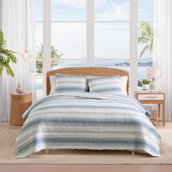 Prima Island Stripe 3-Piece Washed Blue Cotton Percale Full/Queen Quilt Set