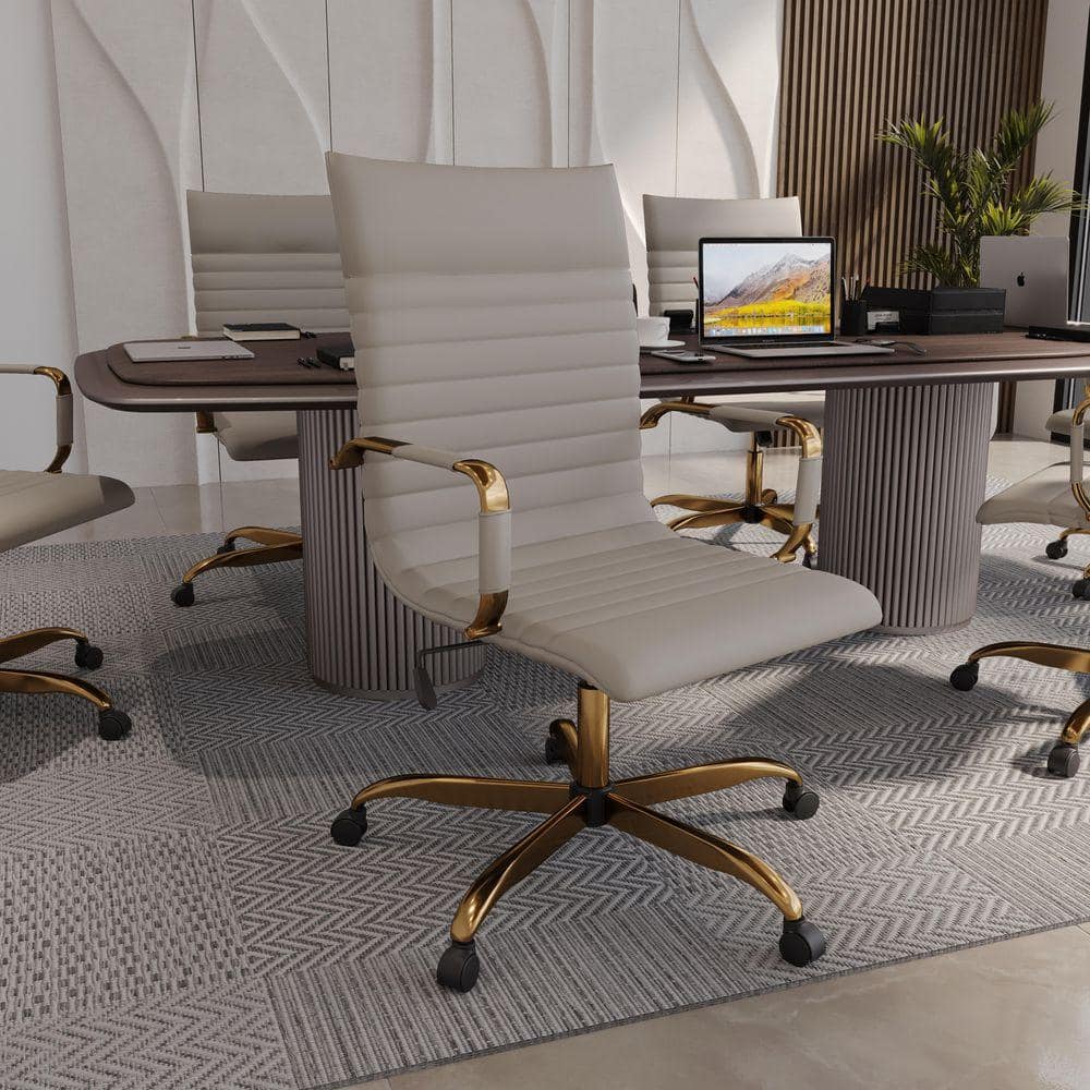 Harris High-Back Leather Office Chair Gold Frame Adjustable Height, Swivel, Tilt Conference Chair in Tan