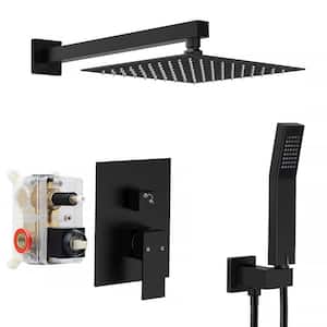 1-Spray Square 12 in. Shower Head Brass Wall Bar Shower Kit with Valve and Hand Shower Rainfall Shower in Matte Black