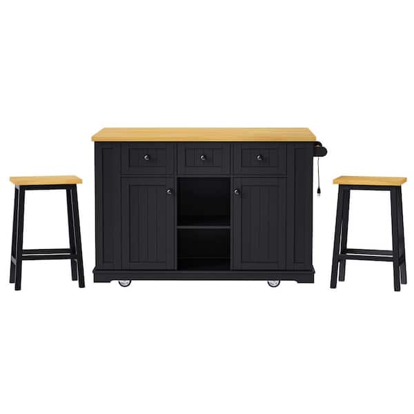 Ximuprmy Black Wood 53 in. Kitchen Island with 2 Bar Stools, Drop Leaf, 3-Power Outlet and 5 Open Side Racks for Kitchen Room