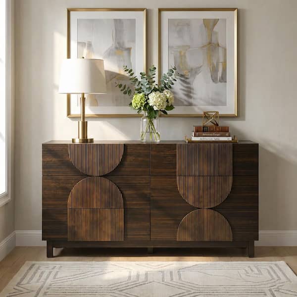 Modern Geometric Dark Brown 6-Drawer 60 in. Wide Wooden Dresser with Fluted Panels and Solid Wood Legs