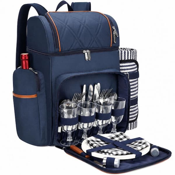 4-Person Navy Blue Leakproof Plastic Picnic Backpack Set with Cooler Pouch, Blanket and Tableware