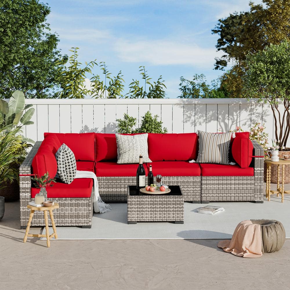7-Piece Gray Wicker Outdoor Patio Conversation Set with Light Red Cushions