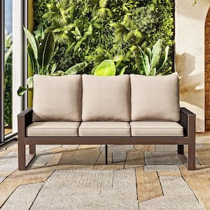 Light Walnut Wood Wicker Outdoor Couch Patio Sofa with Thicken Biege Cushions