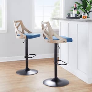 Charlotte 32.5 in. Blue Fabric White Wash Wood and Black Metal Adjustable Bar Stool Round Rectangle Footrest (Set of 2)