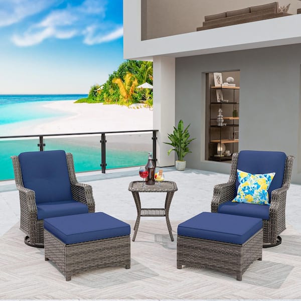 MeetLeisure 5-Piece Wicker Patio Conversation Set with Blue Cushions and Swivel Rocking Chairs