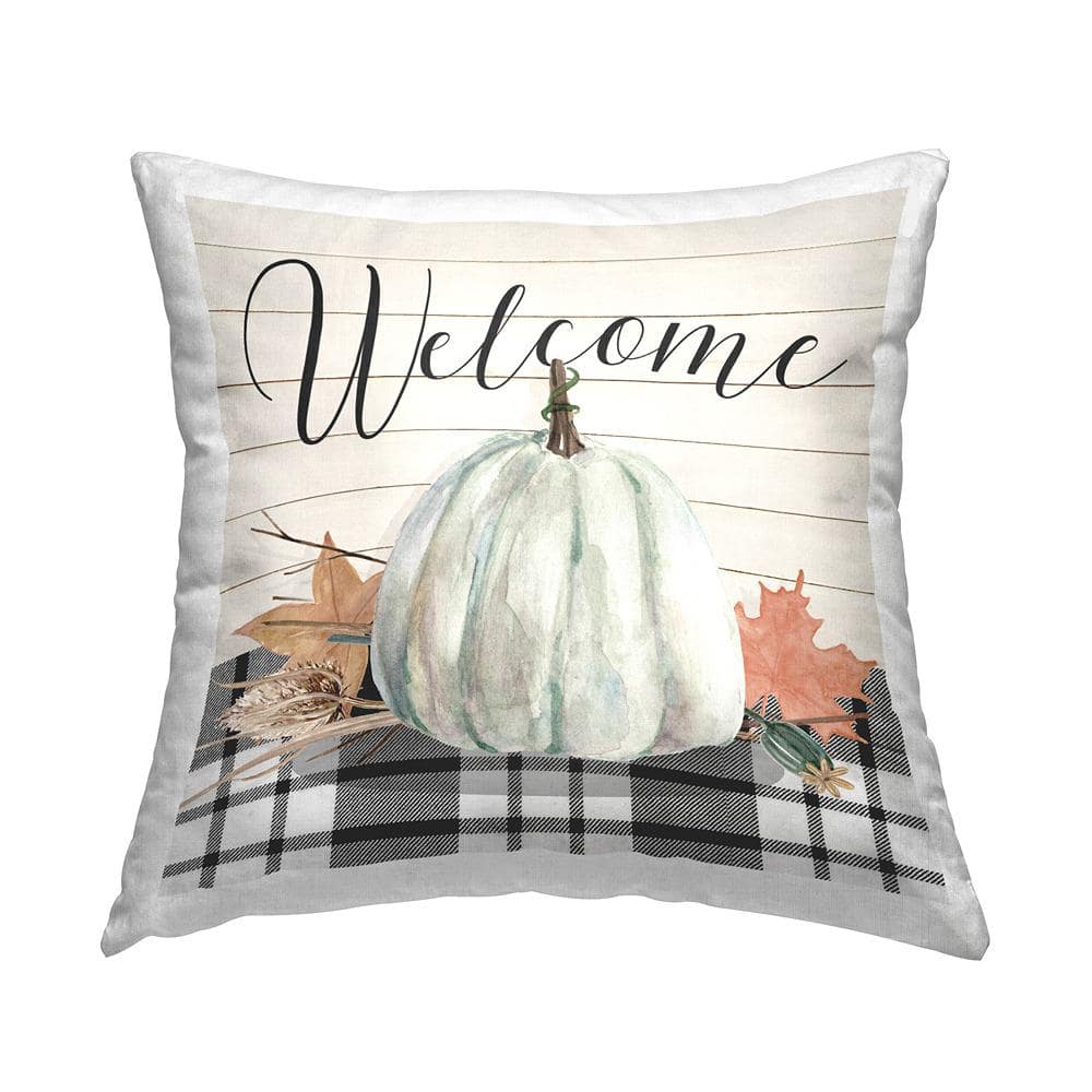 Stupell Industries Welcome Fall Botanicals Multi-Color Plaid Polyester 18in. X 18in. Throw Pillow