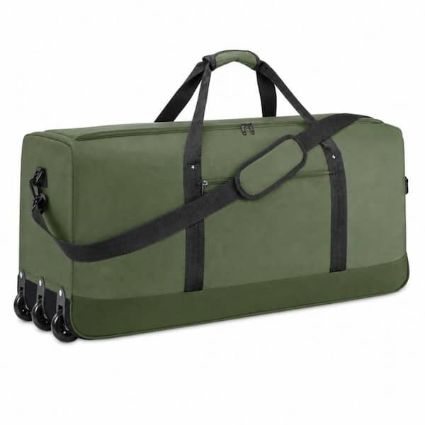 Large 32.3 in Water Resistant Foldable Rolling Duffel Bag in Green, Reinforced Bottom with Heavy Duty 3 Wheels