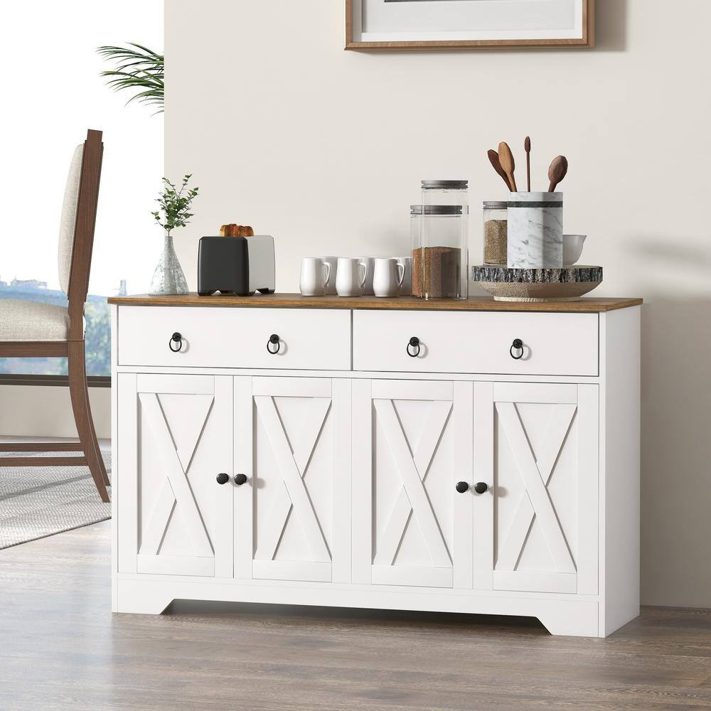 White Farmhouse Sideboard Buffet Cabinet with Barn Doors and Drawers