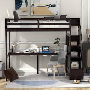 Espresso Twin Size Wood Loft Bed with Stairway and Storage Drawers Loft Bed Frame with Long Desk for Kids