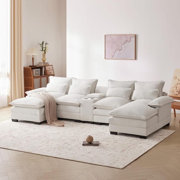 Harper & Bright Designs 123 in. W Pillow Top Arm Chenille U-Shaped Sectional Sofa in White with 4 Lumbar Pillows, Console, Cup Holders USB Ports