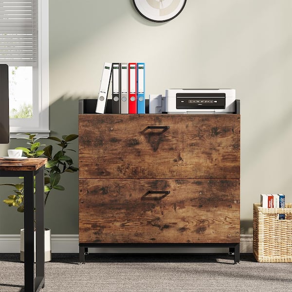 BYBLIGHT Atencio 2-Drawer Brown Wood 35.43 in. W Lateral File Cabinet Open Storage Shelves for Home Office, Brown