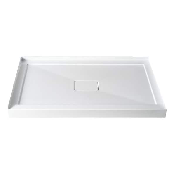 NTQ 48 in. x 36 in. Double Threshold Acrylic Shower Pan Corner Shower Pan Base with Center Drain and Magnetic Cover in White