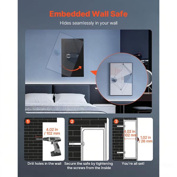 3-Tier Wall Safe, Q235 Steel Hidden In-Wall Safe with Password and Key LED Light, 2 Adjustable Shelves Drop Safes