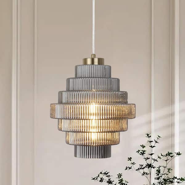 1-Light Metal Hanging Ceiling Pendant Light Chandelier Fixture with Gray Glass Shade for Kitchen Island