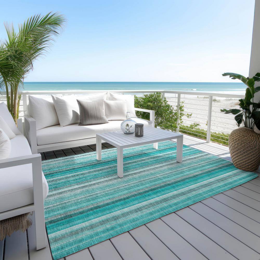 Teal and Gray Striped Synthetic Washable 3' x 5' Rug