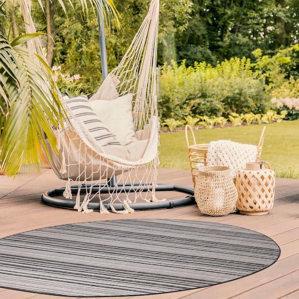 7' Round Dark Gray White Waikiki Modern Stripe Indoor Outdoor Area Rug