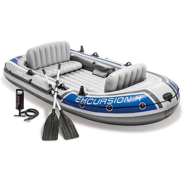 Excursion 4-Person Inflatable Rafting and Fishing Boat Set with 2-Oars