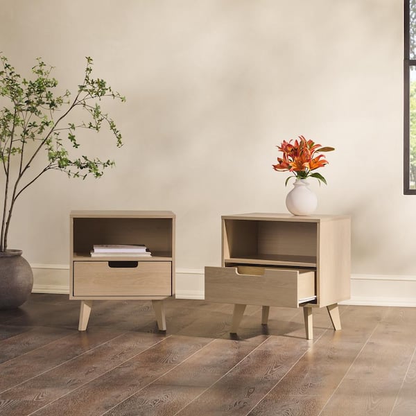 1-Drawer Riviera Wood Mid-Century Modern Nightstand with Cubby, Set of 2